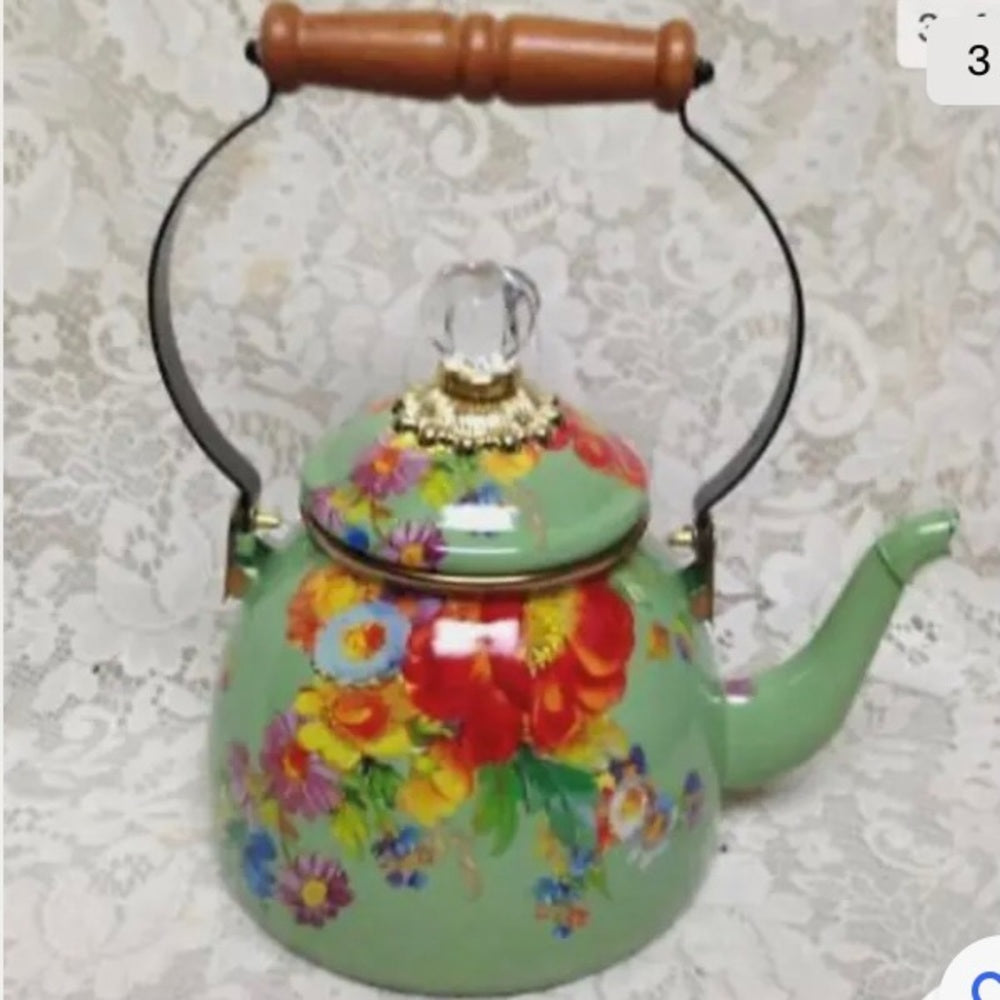 MacKenzie Childs Green Flower Market Enamelware 2 Qts Tea Kettle w/ 4 Mugs