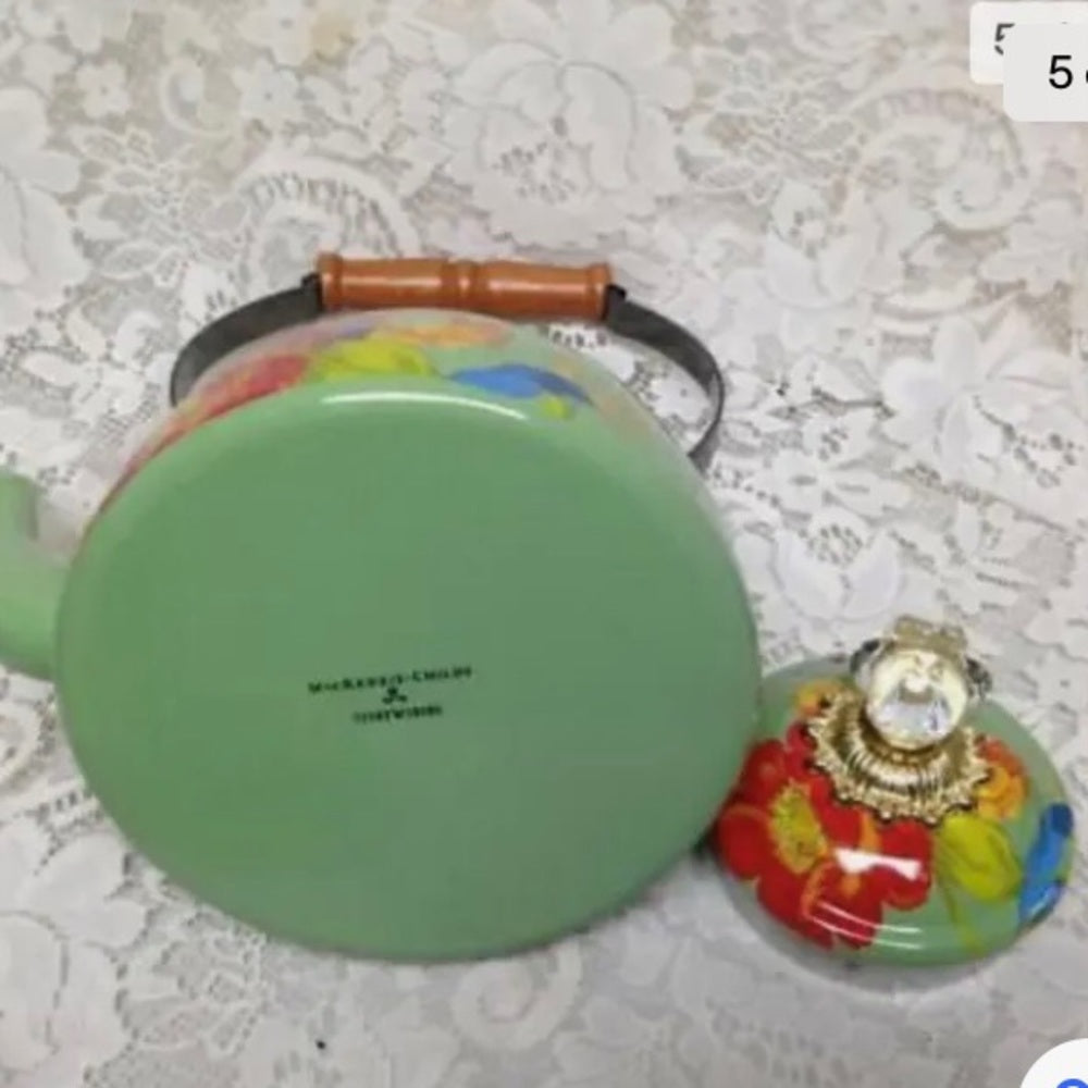 MacKenzie Childs Green Flower Market Enamelware 2 Qts Tea Kettle w/ 4 Mugs