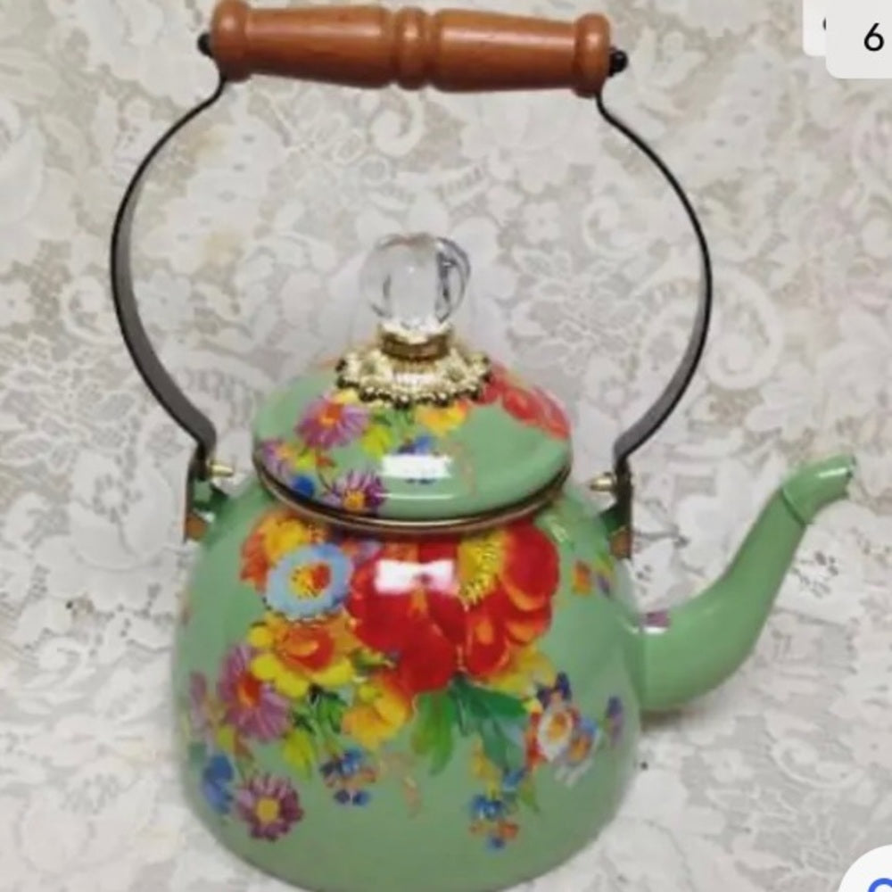 MacKenzie Childs Green Flower Market Enamelware 2 Qts Tea Kettle w/ 4 Mugs