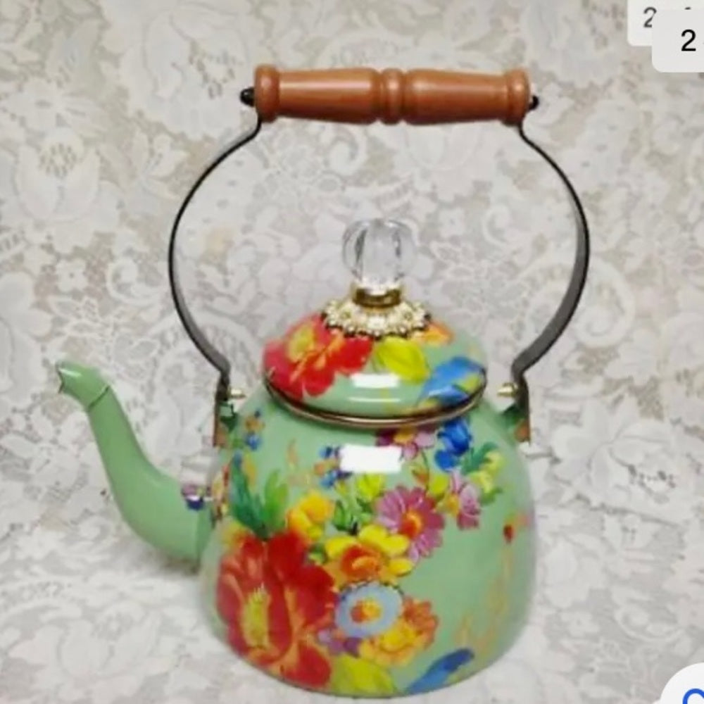 MacKenzie Childs Green Flower Market Enamelware 2 Qts Tea Kettle w/ 4 Mugs