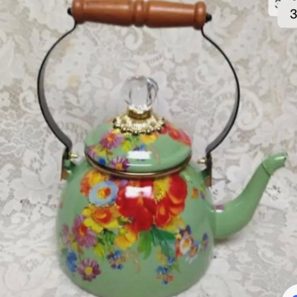MacKenzie Childs Green Flower Market Enamelware 2 Qts Tea Kettle w/ 4 Mugs