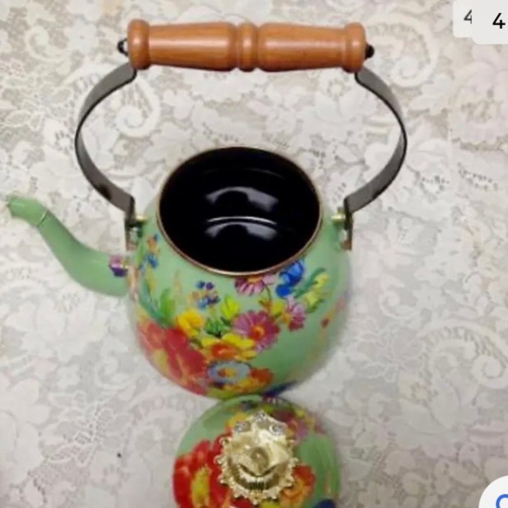 MacKenzie Childs Green Flower Market Enamelware 2 Qts Tea Kettle w/ 4 Mugs