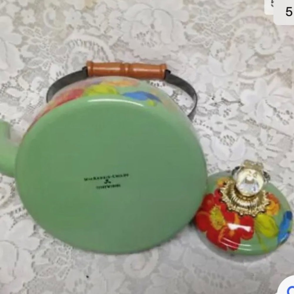 MacKenzie Childs Green Flower Market Enamelware 2 Qts Tea Kettle w/ 4 Mugs