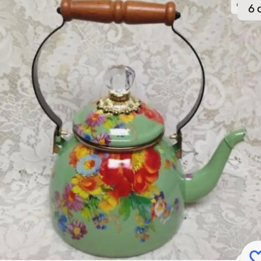 MacKenzie Childs Green Flower Market Enamelware 2 Qts Tea Kettle w/ 4 Mugs