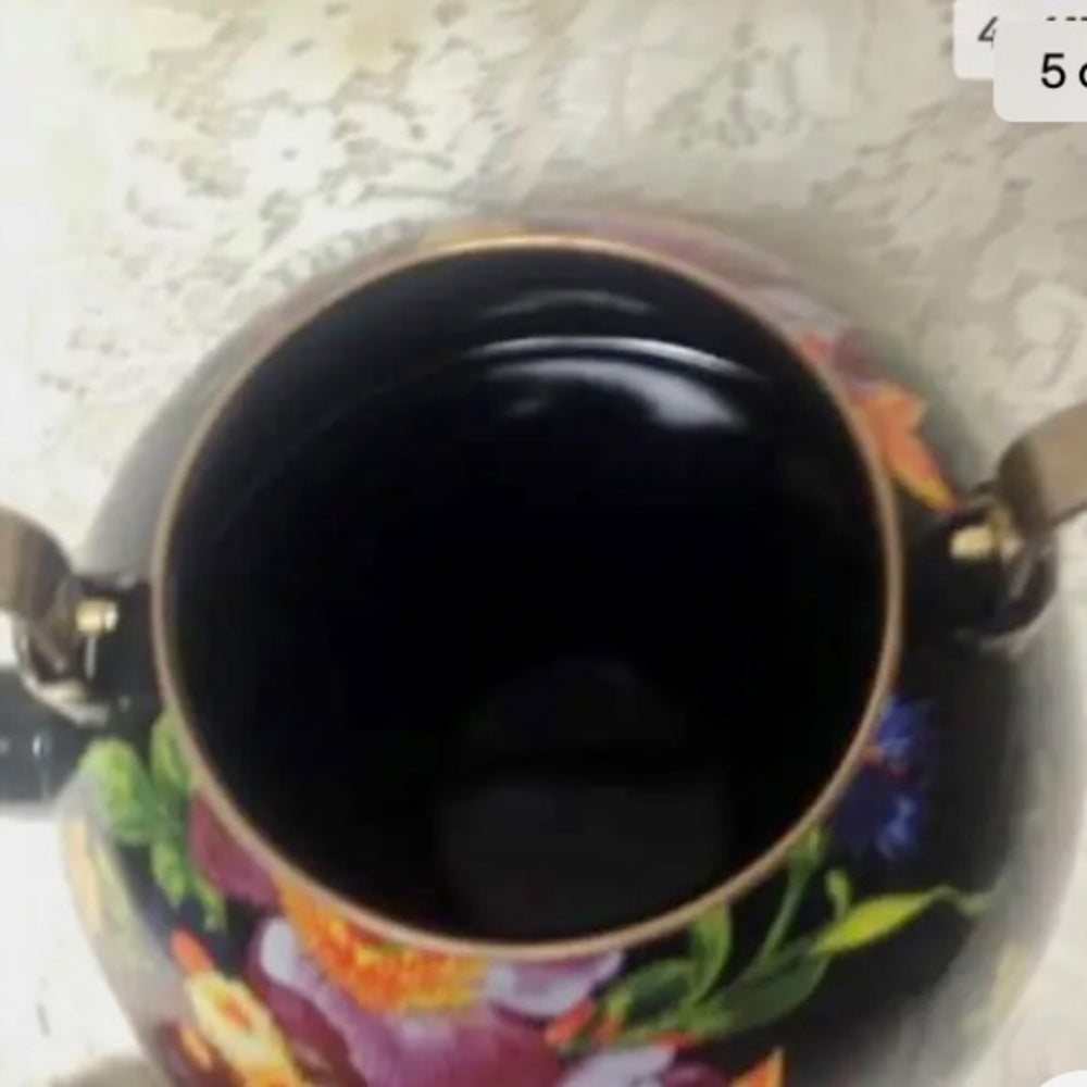 MacKenzie Childs Black Flower Market Enamel 144 oz-4.5 Qts Tea Kettle w/ 4 Mugs