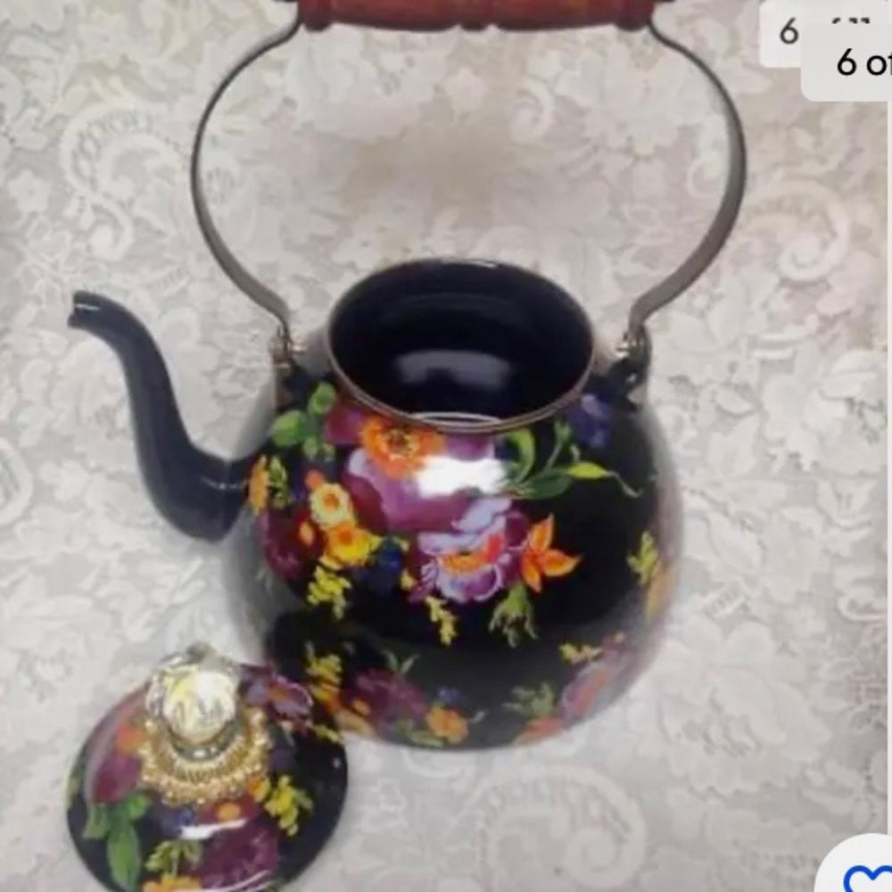 MacKenzie Childs Black Flower Market Enamel 144 oz-4.5 Qts Tea Kettle w/ 4 Mugs