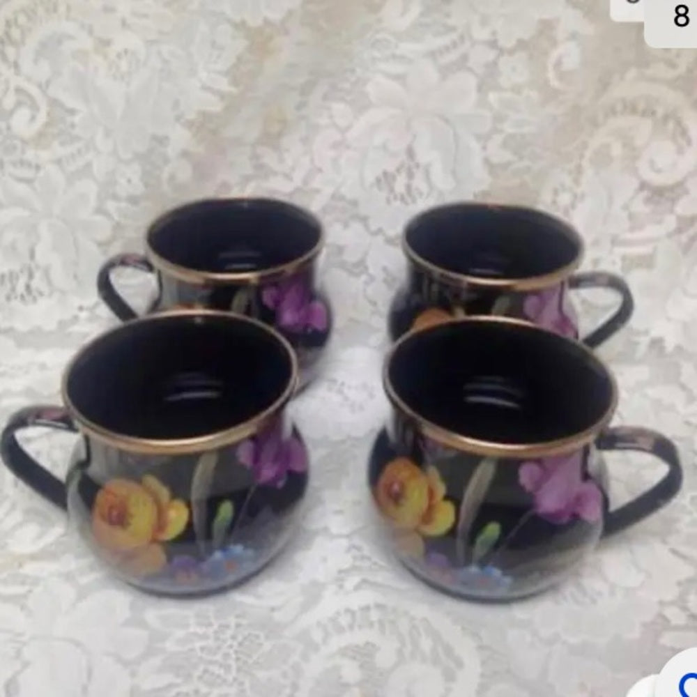 MacKenzie Childs Black Flower Market Enamel 144 oz-4.5 Qts Tea Kettle w/ 4 Mugs