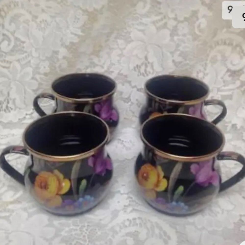 MacKenzie Childs Black Flower Market Enamel 144 oz-4.5 Qts Tea Kettle w/ 4 Mugs