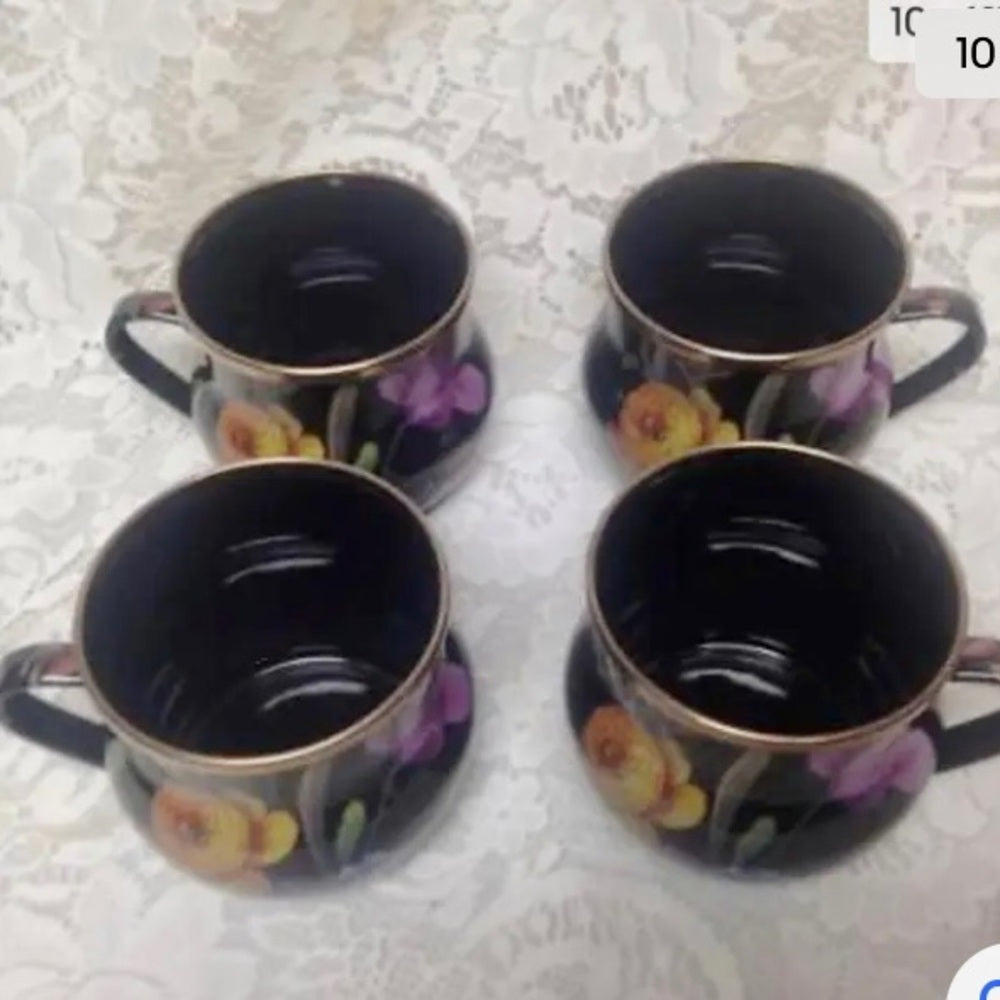 MacKenzie Childs Black Flower Market Enamel 144 oz-4.5 Qts Tea Kettle w/ 4 Mugs