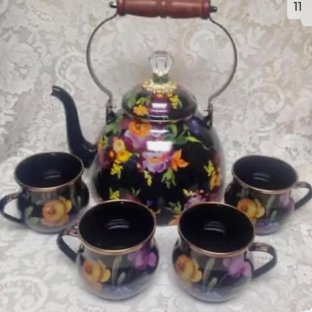 MacKenzie Childs Black Flower Market Enamel 144 oz-4.5 Qts Tea Kettle w/ 4 Mugs