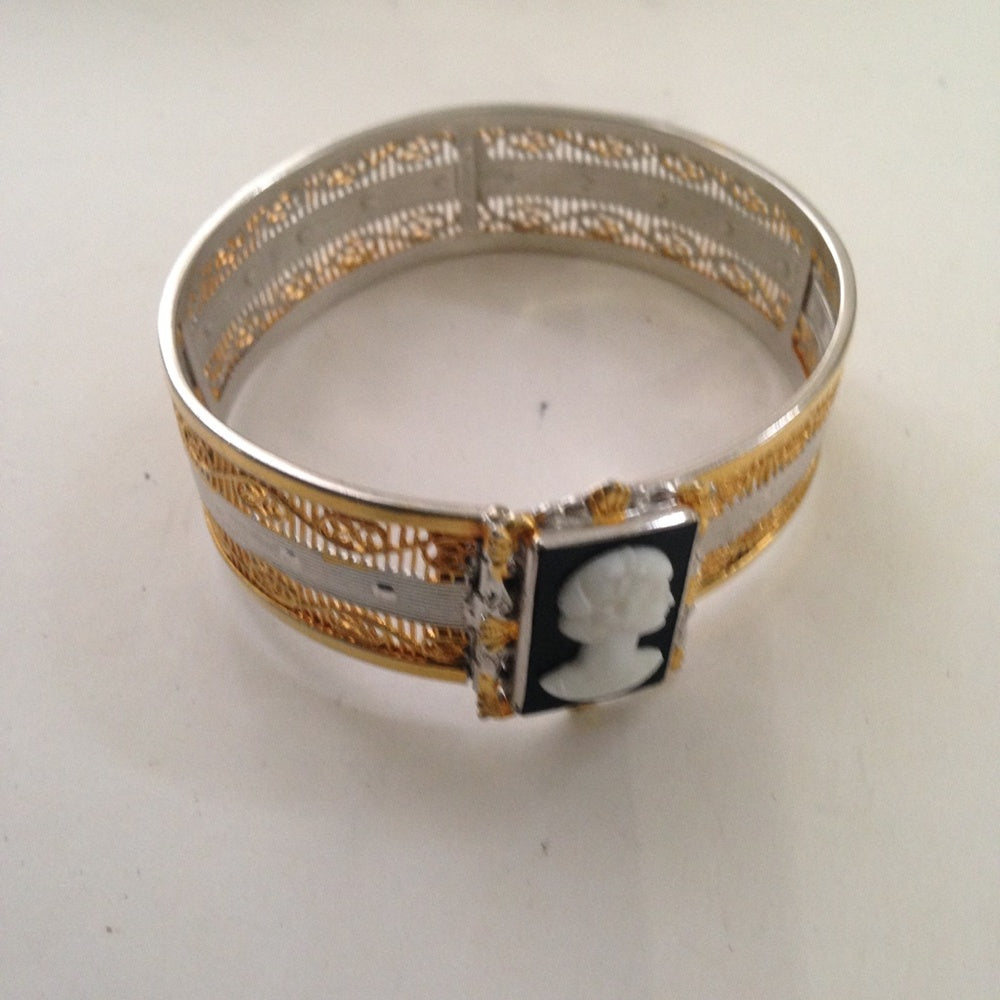 Vintage 2-Tone Gold-Silver Hinged Bangle Bracelet with Cameo