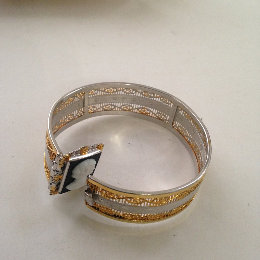 Vintage 2-Tone Gold-Silver Hinged Bangle Bracelet with Cameo