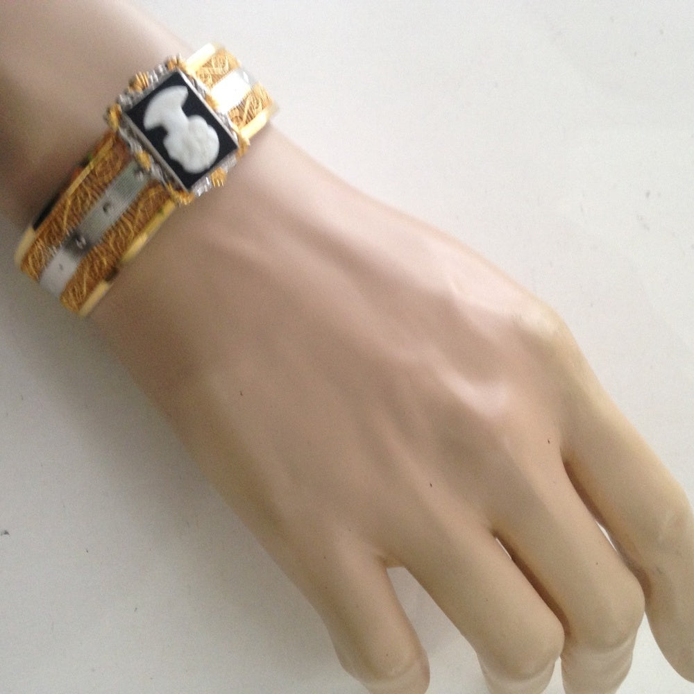 Vintage 2-Tone Gold-Silver Hinged Bangle Bracelet with Cameo