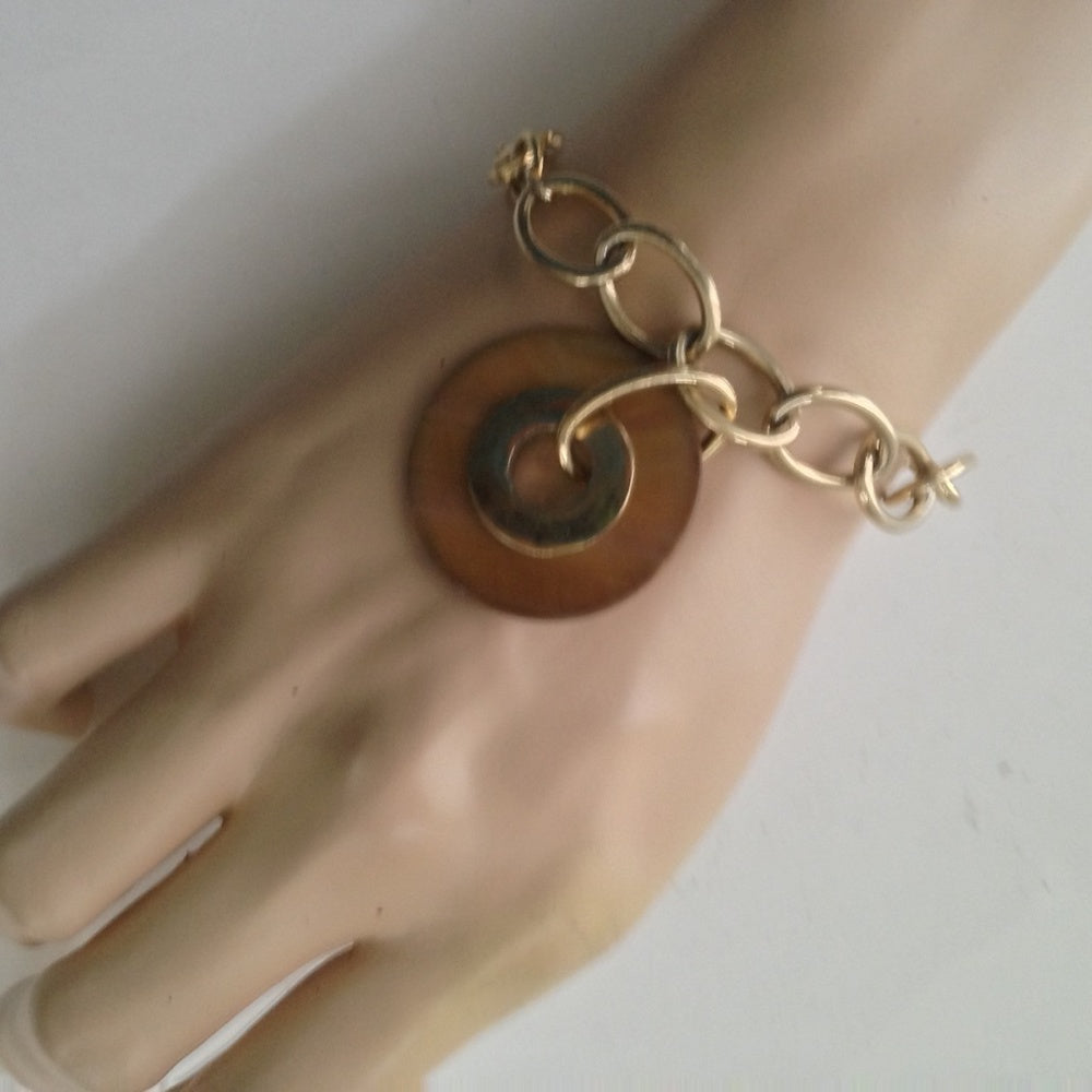 Vintage, Simple Gold Chain Bracelet with Wooden Charm