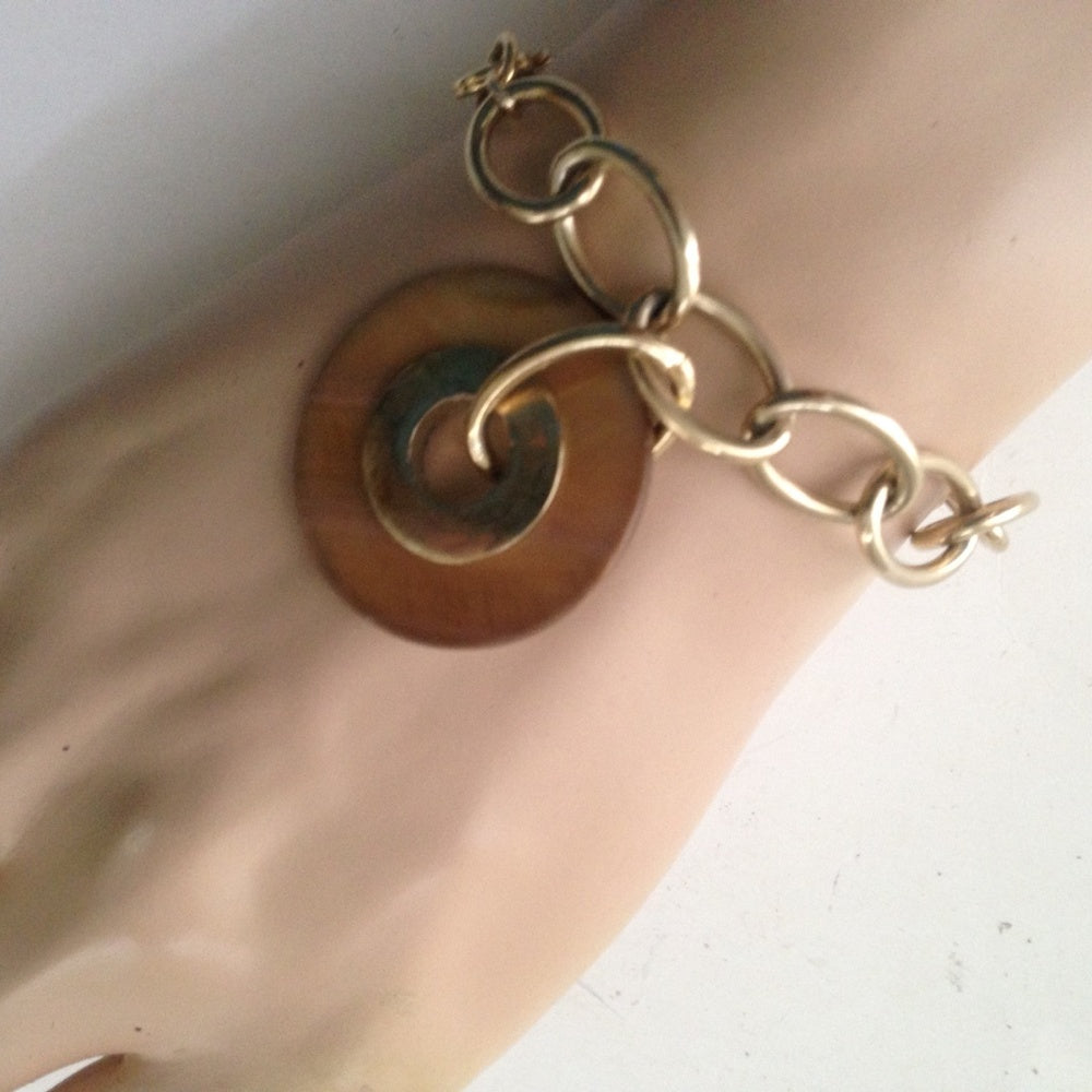 Vintage, Simple Gold Chain Bracelet with Wooden Charm