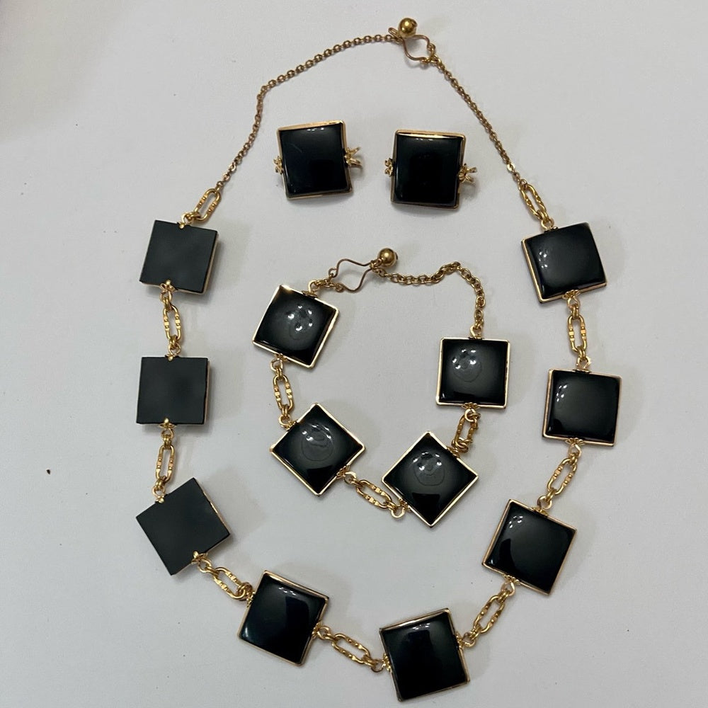 Vintage, Gold and Black Thermoset Parure Set- Necklace, Bracelet and Earrings