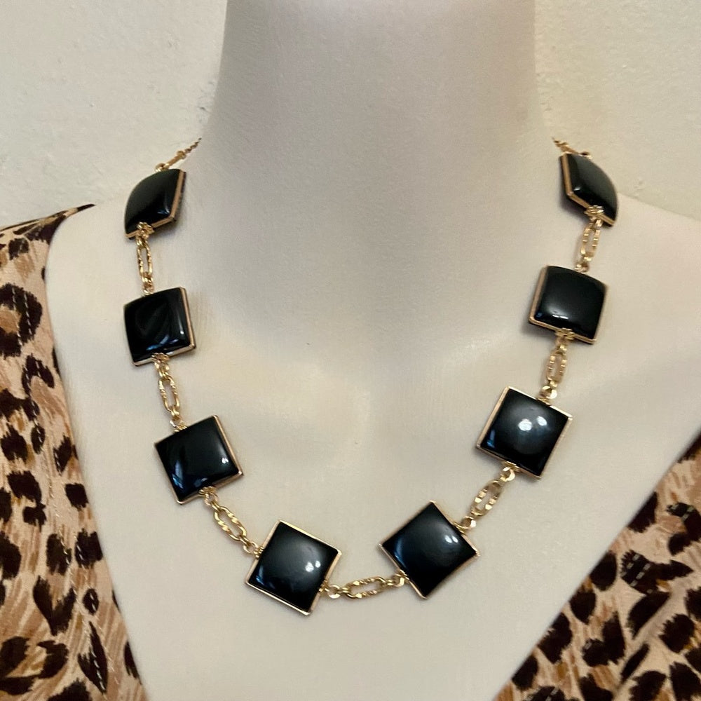 Vintage, Gold and Black Thermoset Parure Set- Necklace, Bracelet and Earrings
