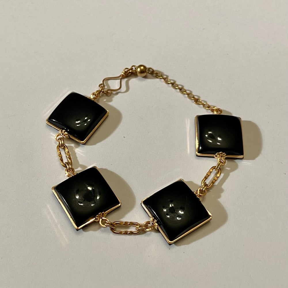 Vintage, Gold and Black Thermoset Parure Set- Necklace, Bracelet and Earrings