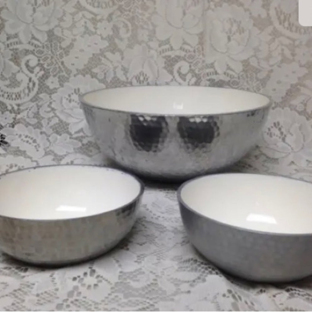 Vintage, Wallace 3pc Set Hammered Pewter-Porcelain Bowl