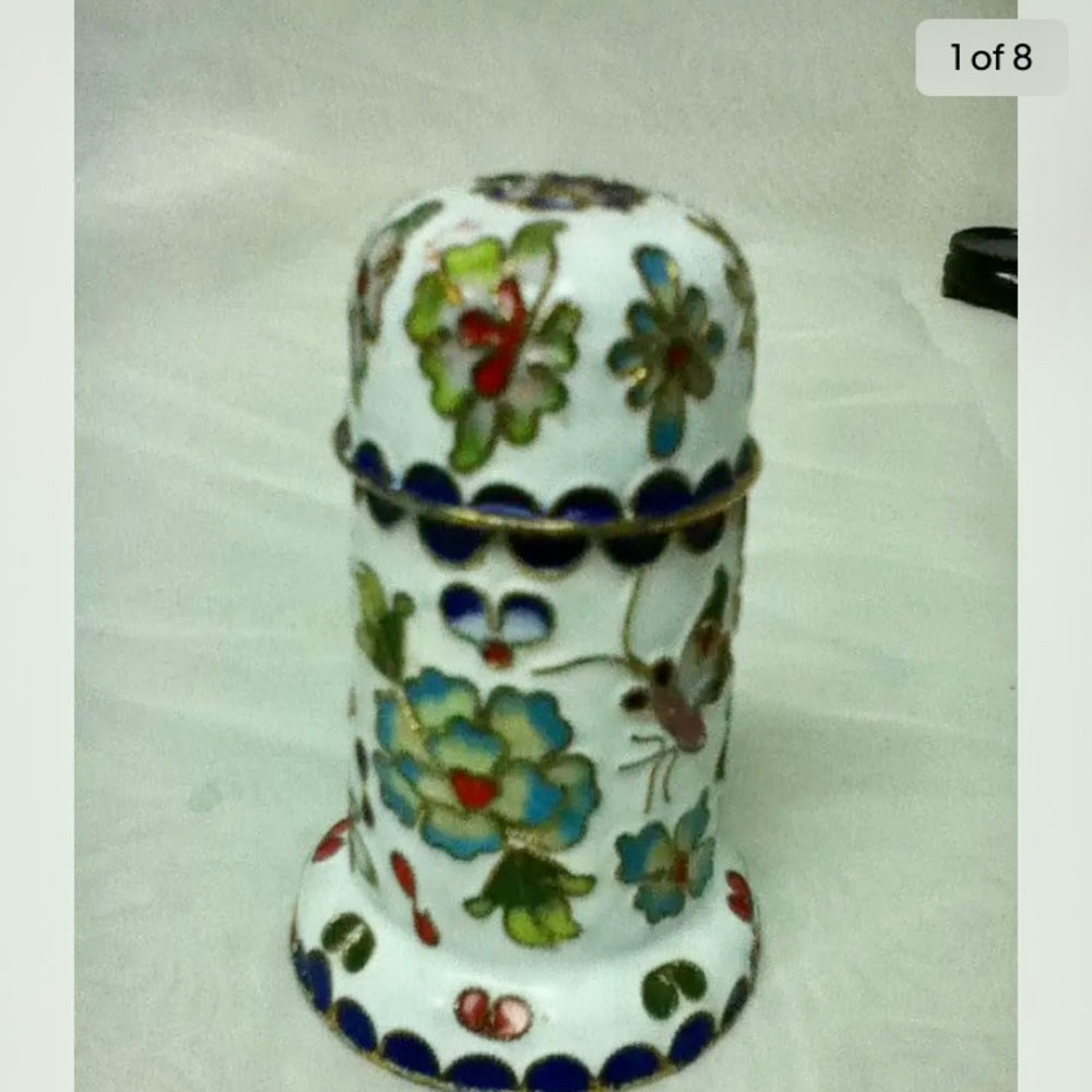 Vintage, Enamel, Cloissone Style White Cigarette-Toothpick Box 3.5in x 2in