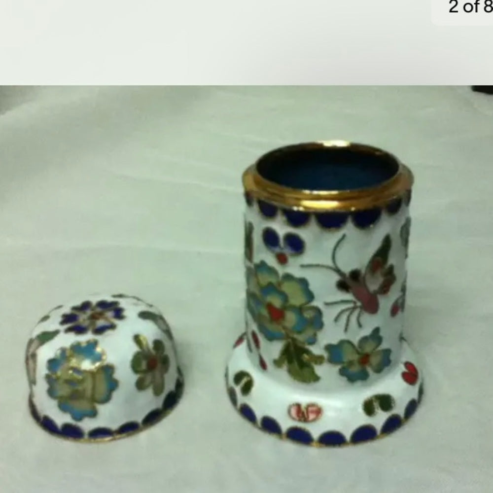 Vintage, Enamel, Cloissone Style White Cigarette-Toothpick Box 3.5in x 2in