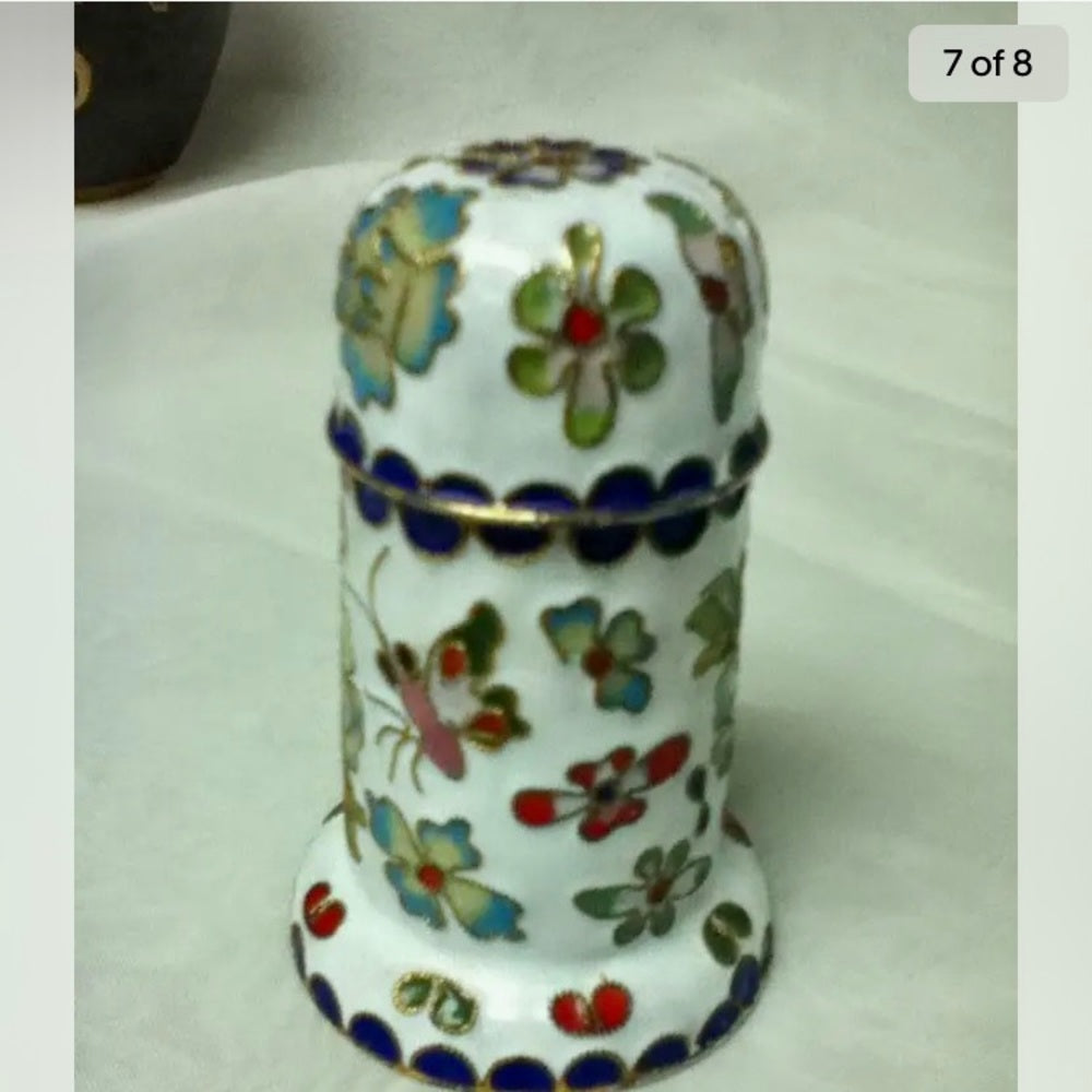 Vintage, Enamel, Cloissone Style White Cigarette-Toothpick Box 3.5in x 2in