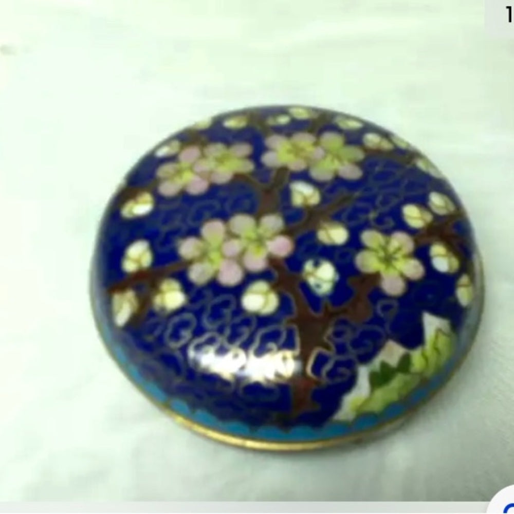 Vintage, Elegant, Cloissone Cherry Blossoms Round Trinket Box 2.5in x 1.5in