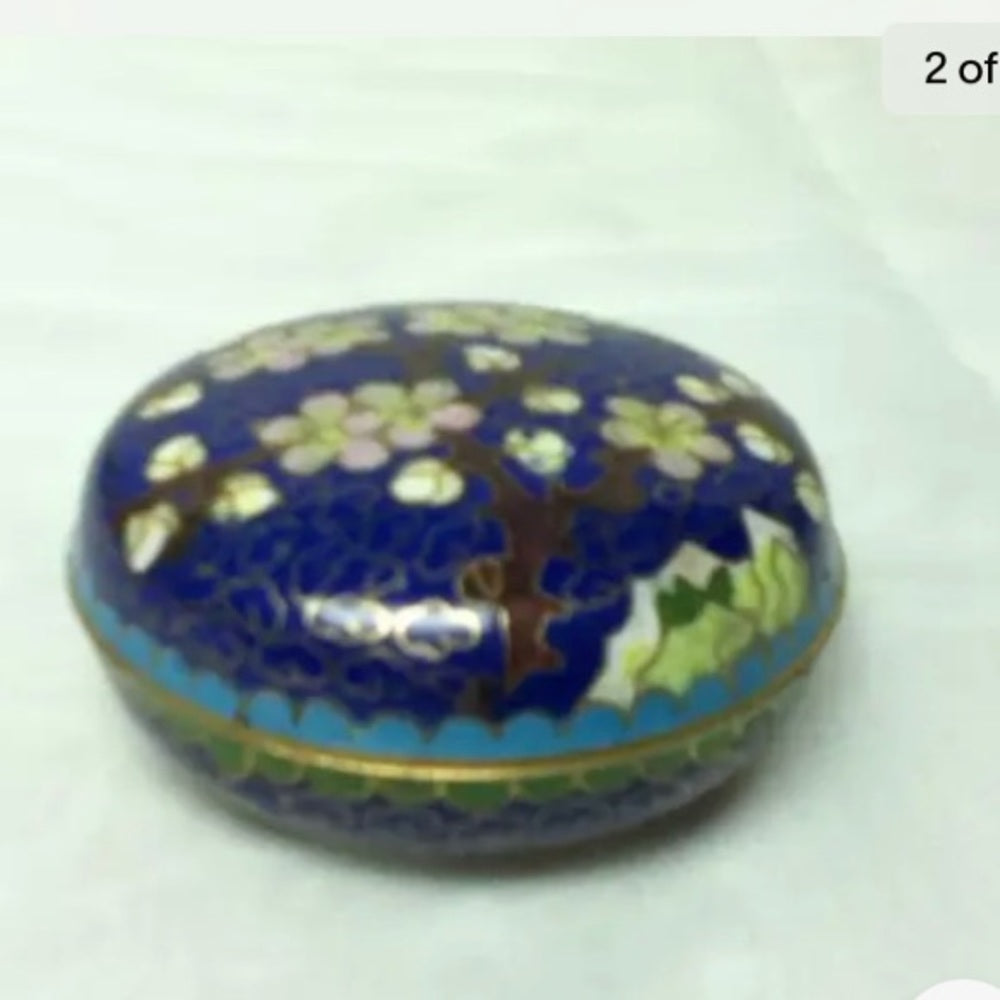 Vintage, Elegant, Cloissone Cherry Blossoms Round Trinket Box 2.5in x 1.5in
