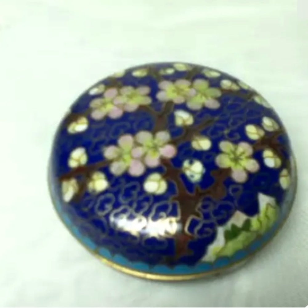 Vintage, Elegant, Cloissone Cherry Blossoms Round Trinket Box 2.5in x 1.5in