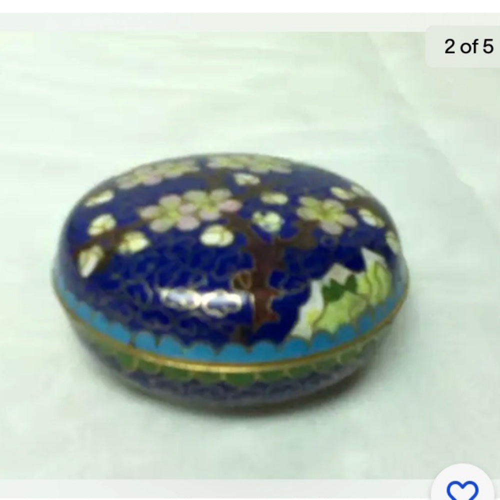 Vintage, Elegant, Cloissone Cherry Blossoms Round Trinket Box 2.5in x 1.5in