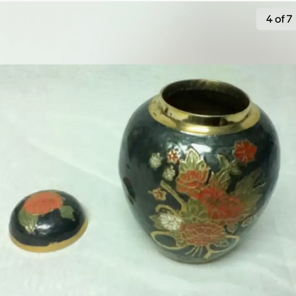 Vintage, Beautiful, 5.5in x 4.5in Red Floral Cloissone’ Ginger or Tea Jar
