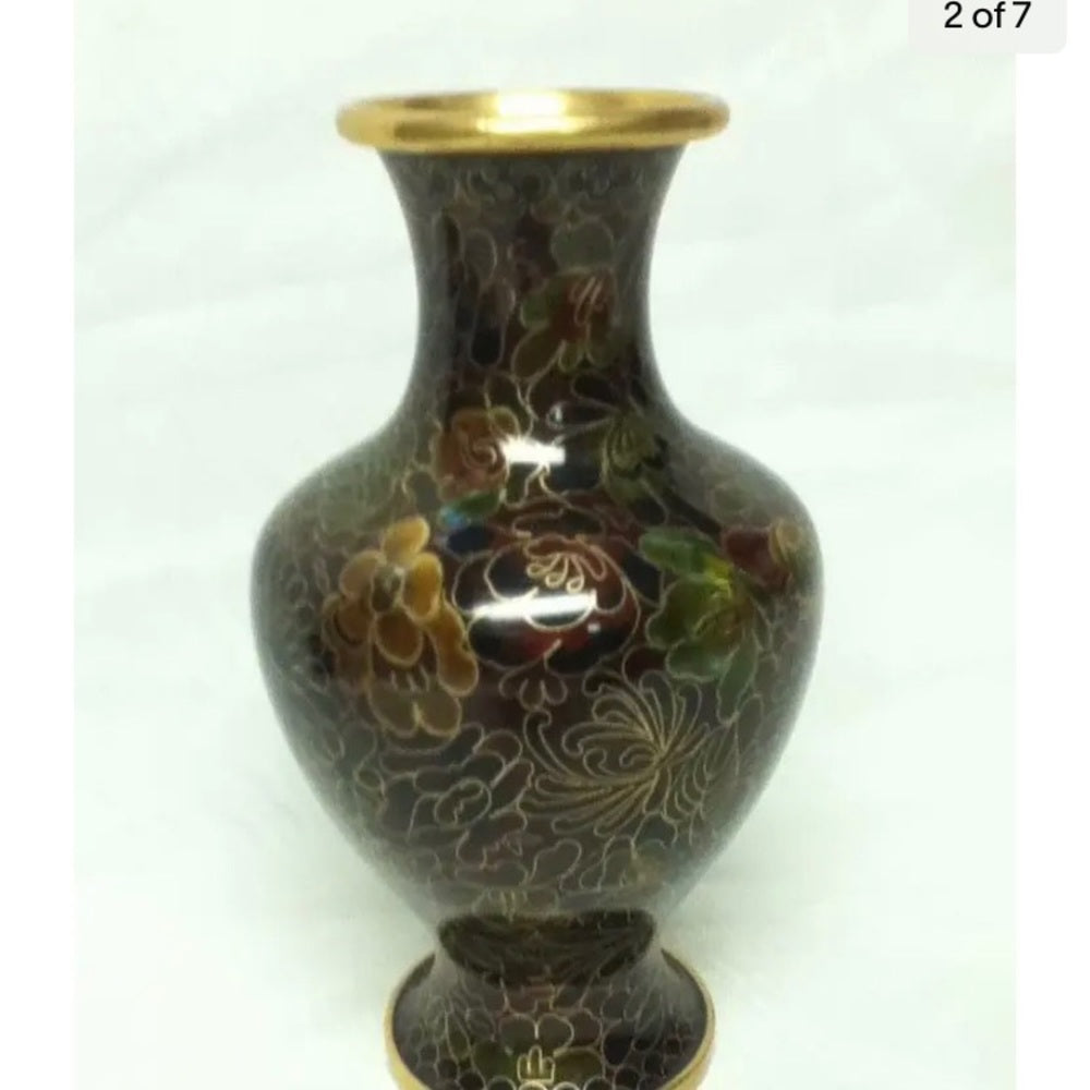 Vintage, Beautiful, 7.5in x 4in Floral Cloissone’ over Brass Vase
