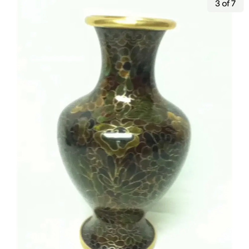 Vintage, Beautiful, 7.5in x 4in Floral Cloissone’ over Brass Vase