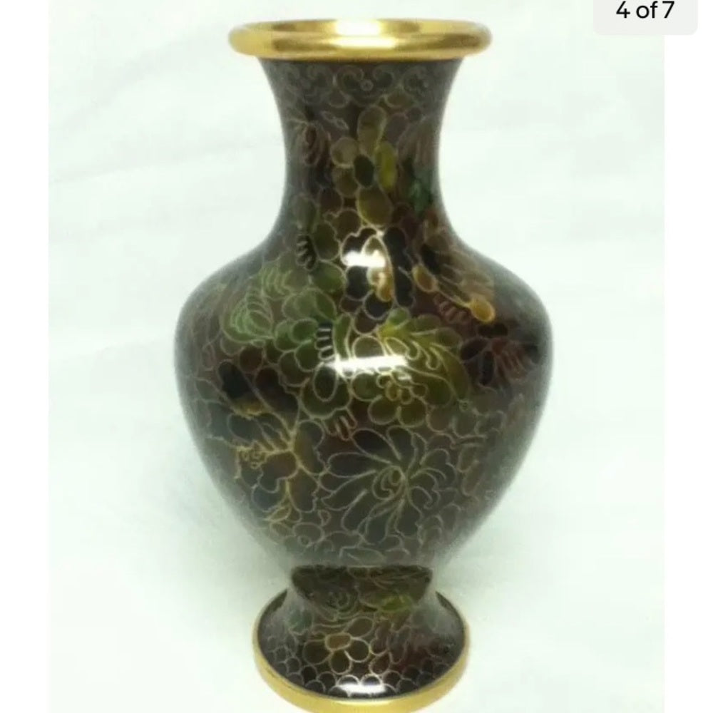 Vintage, Beautiful, 7.5in x 4in Floral Cloissone’ over Brass Vase