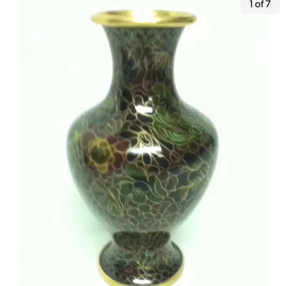 Vintage, Beautiful, 7.5in x 4in Floral Cloissone’ over Brass Vase