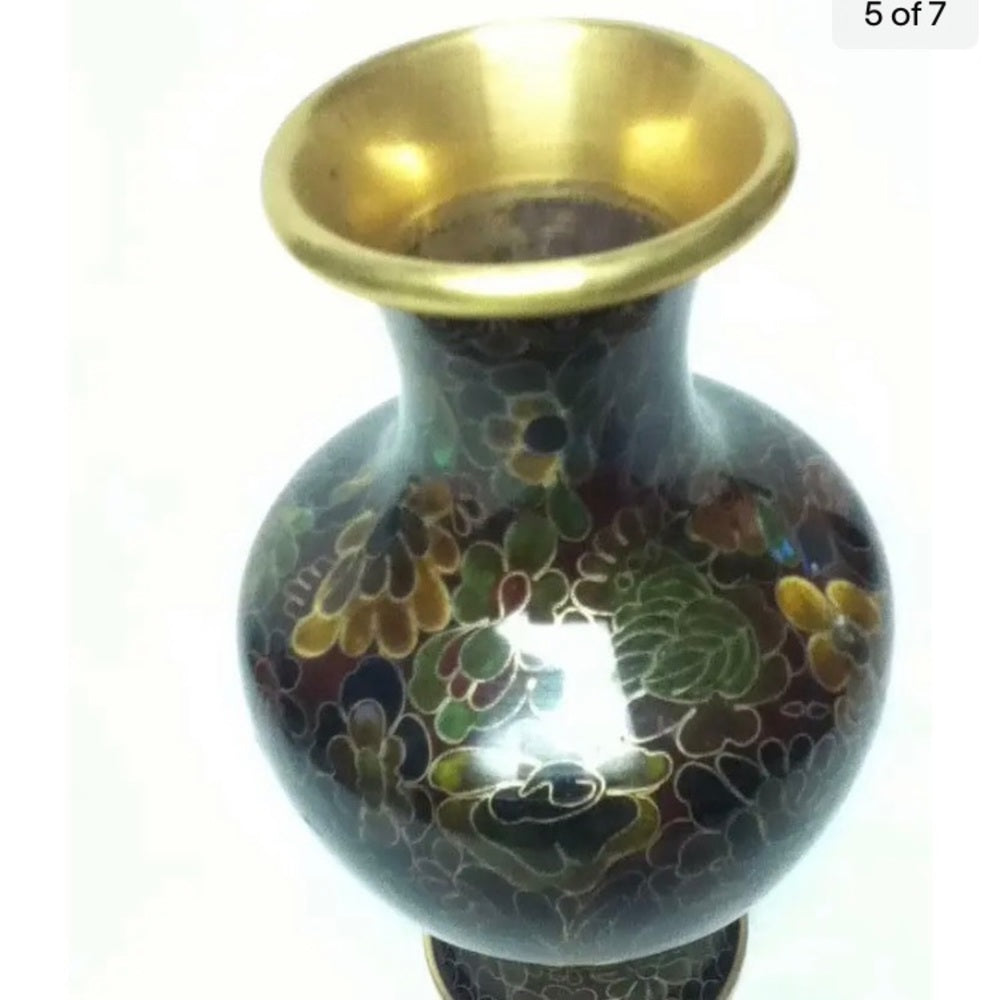 Vintage, Beautiful, 7.5in x 4in Floral Cloissone’ over Brass Vase
