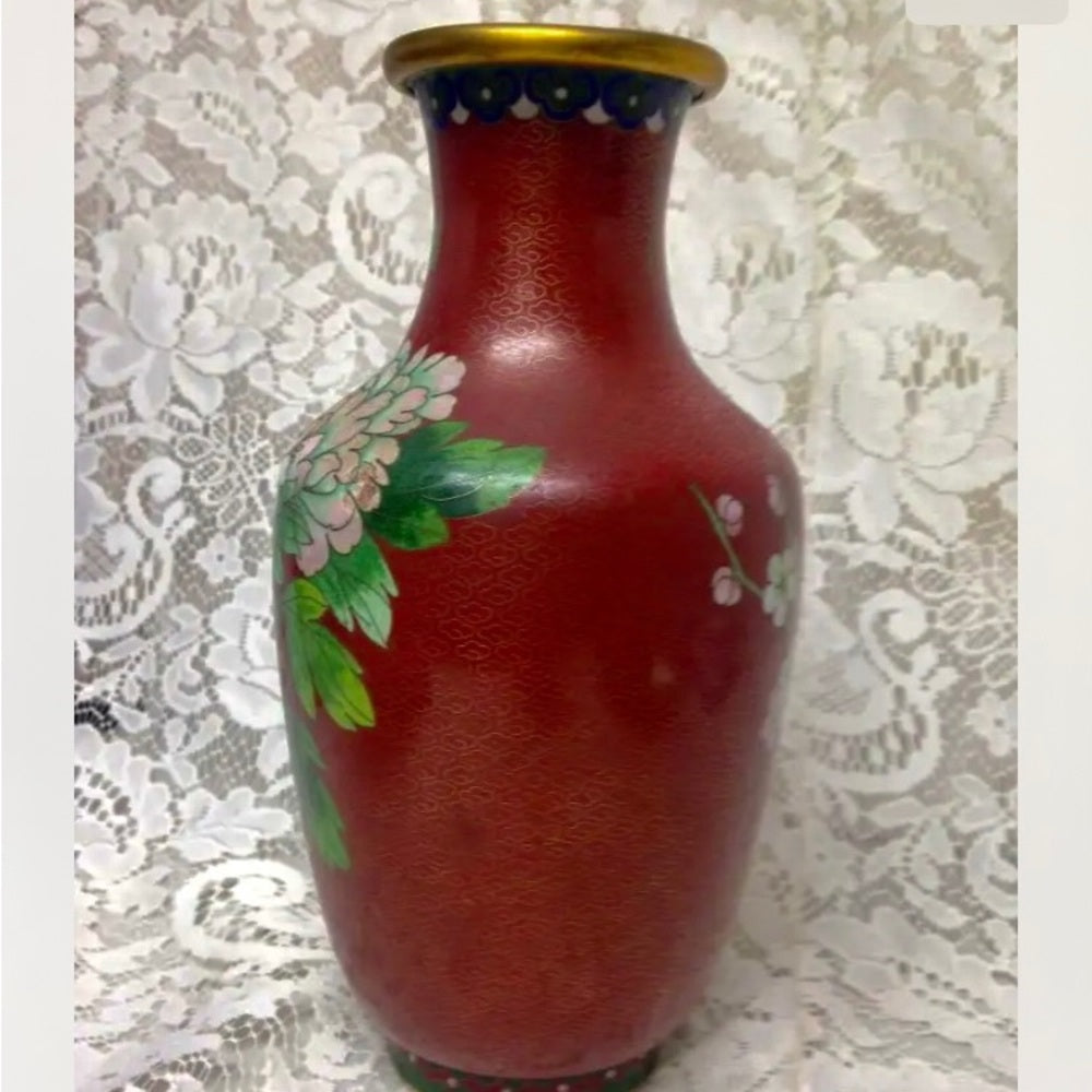 Vintage, Beautiful, Large 10.5in x 4.5in Red Floral Cloissone’ Vase