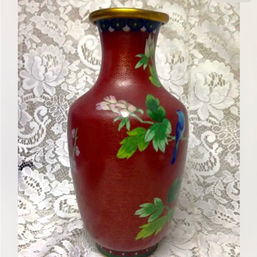 Vintage, Beautiful, Large 10.5in x 4.5in Red Floral Cloissone’ Vase