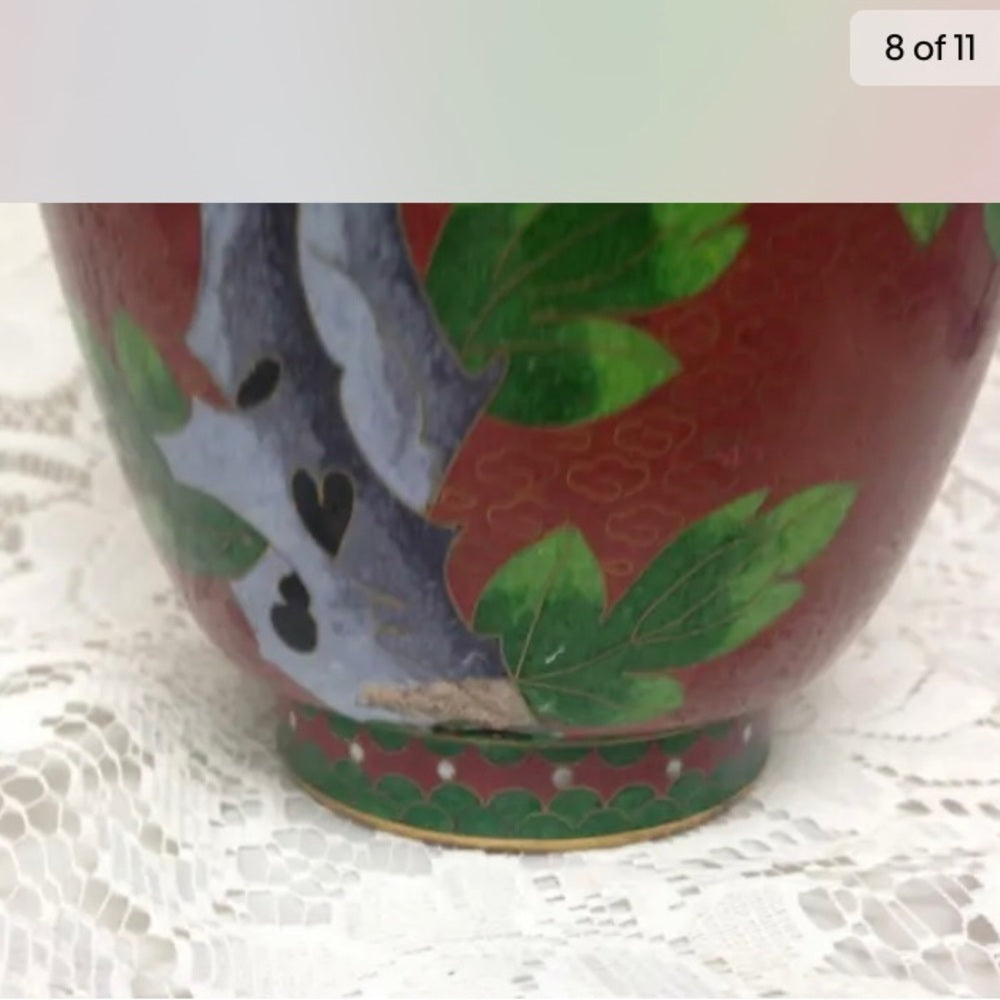 Vintage, Beautiful, Large 10.5in x 4.5in Red Floral Cloissone’ Vase