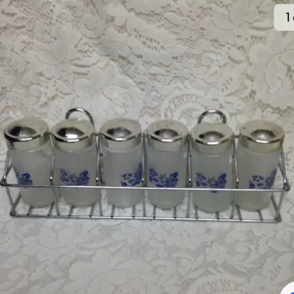 Vintage, Blue Willow 6pc Glass Spice Jars with Chrome Metal Rack.