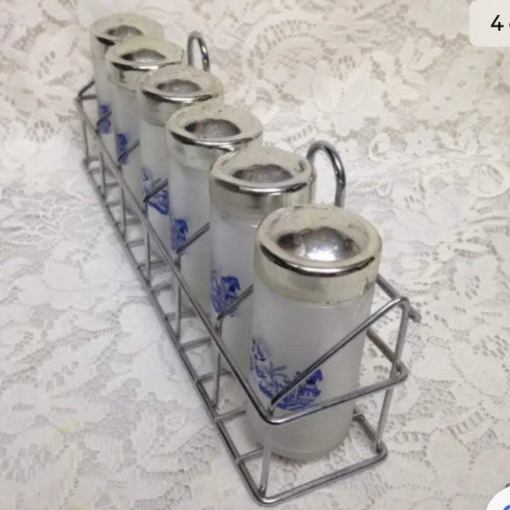 Vintage, Blue Willow 6pc Glass Spice Jars with Chrome Metal Rack.