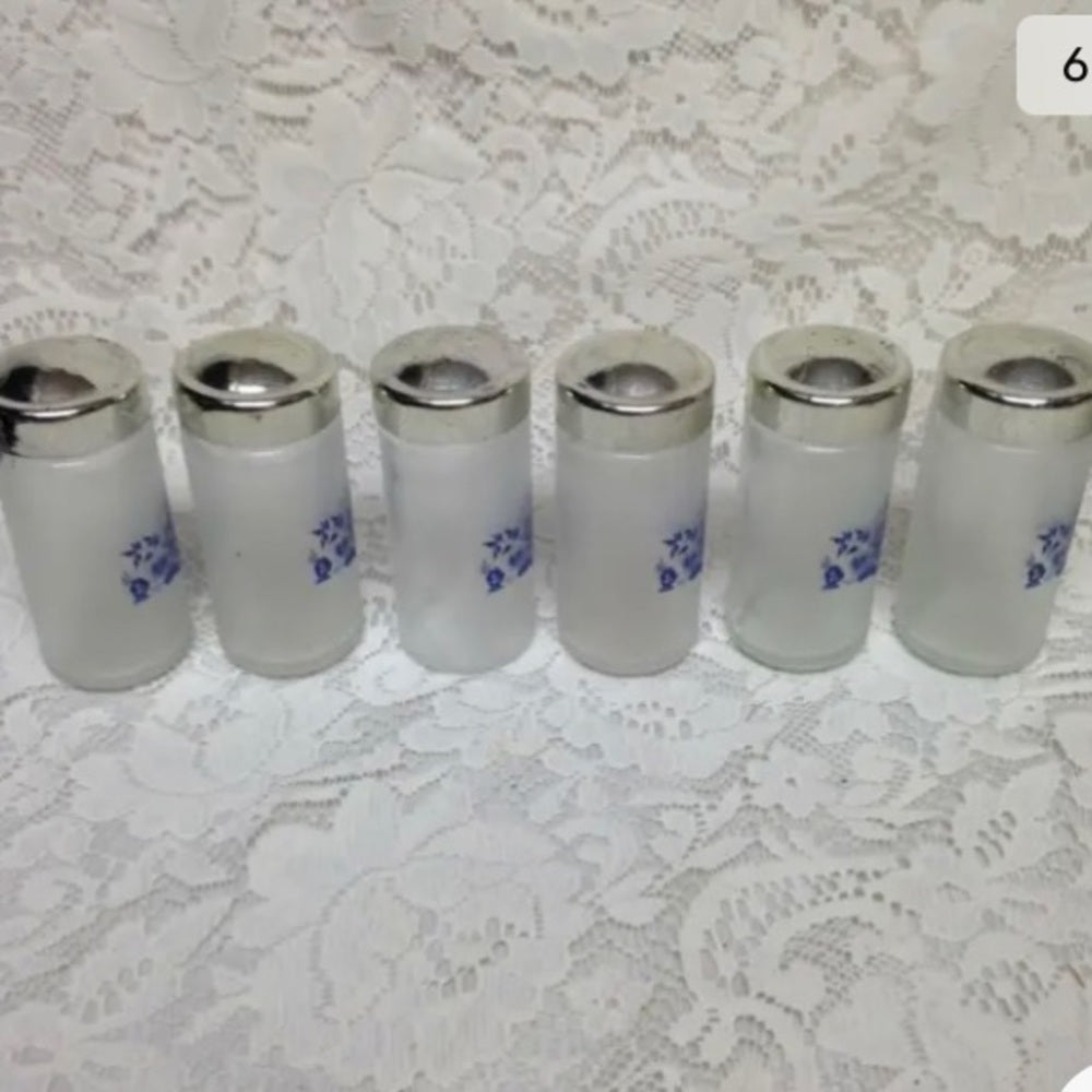 Vintage, Blue Willow 6pc Glass Spice Jars with Chrome Metal Rack.