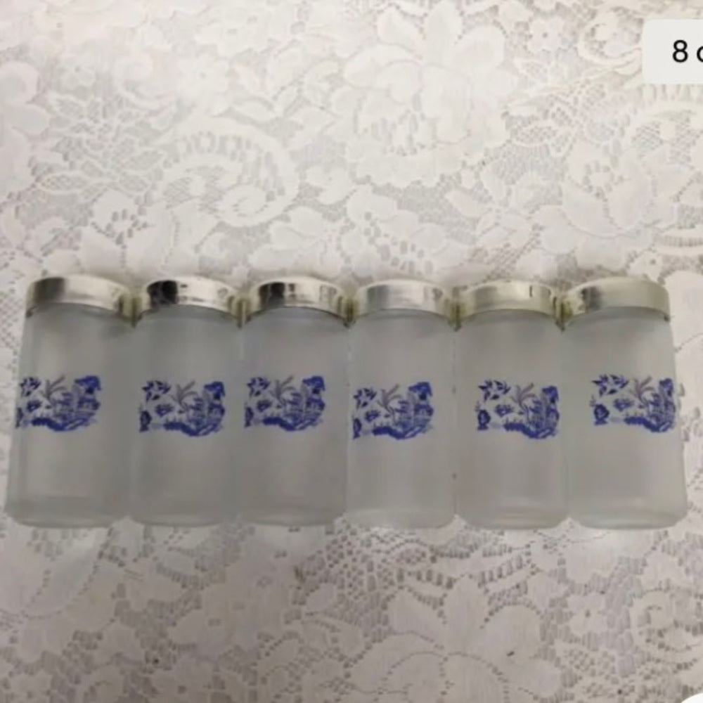 Vintage, Blue Willow 6pc Glass Spice Jars with Chrome Metal Rack.