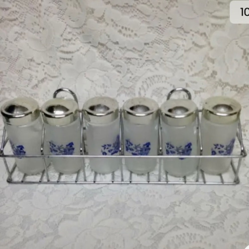 Vintage, Blue Willow 6pc Glass Spice Jars with Chrome Metal Rack.