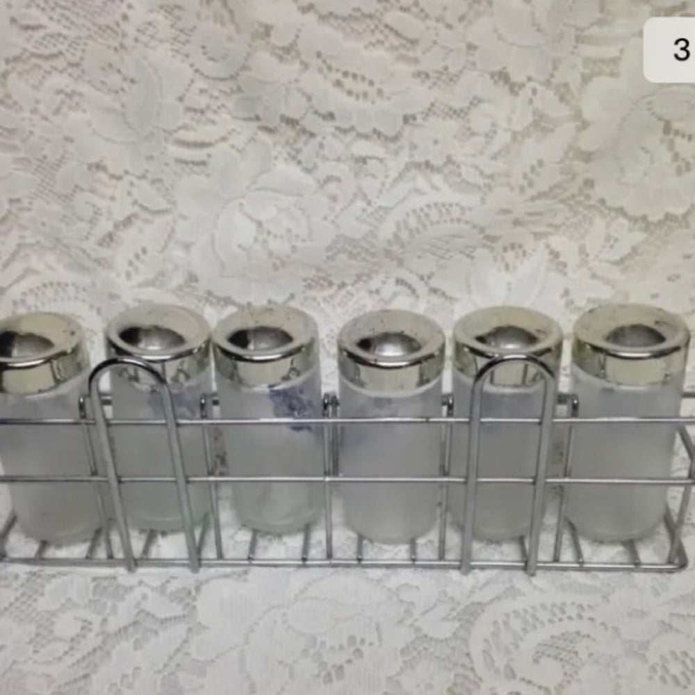 Vintage, Blue Willow 6pc Glass Spice Jars with Chrome Metal Rack.