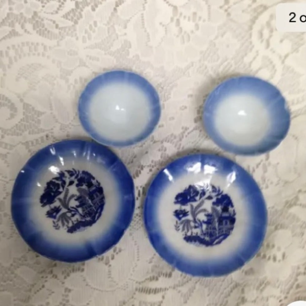 Vintage, 2 Sets of Flow Blue Willow Cup and Saucer, Dessert or Sake Set, etc.
