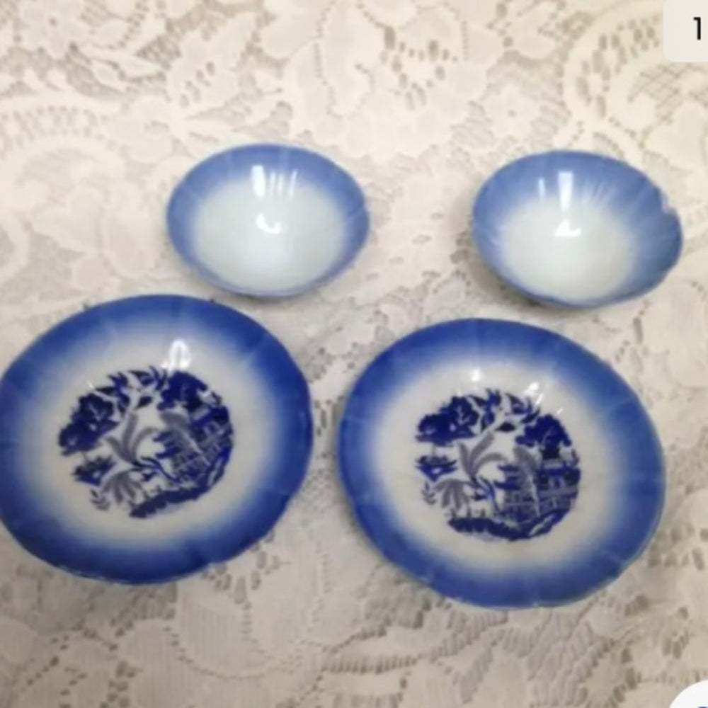 Vintage, 2 Sets of Flow Blue Willow Cup and Saucer, Dessert or Sake Set, etc.