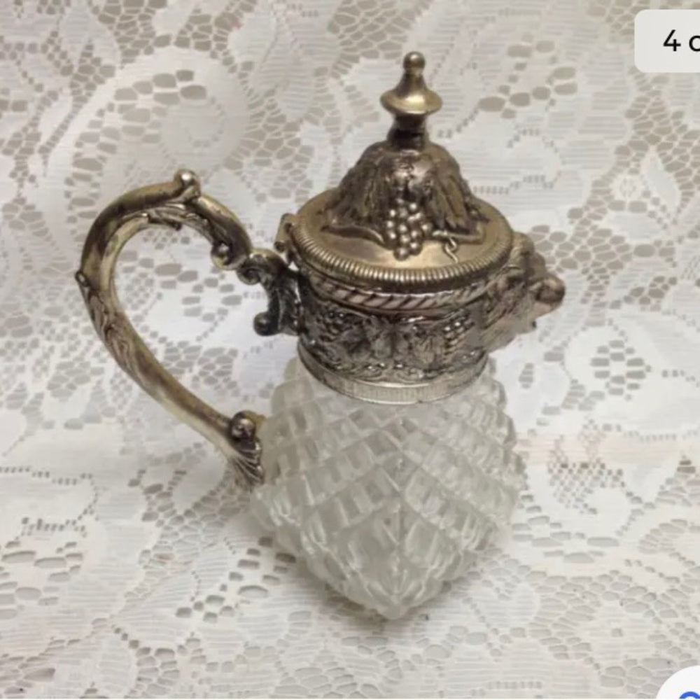 Vintage, A. Price Figural Lion's Head Silver Plated-Crystal Syrup Jug 6.5in x5in