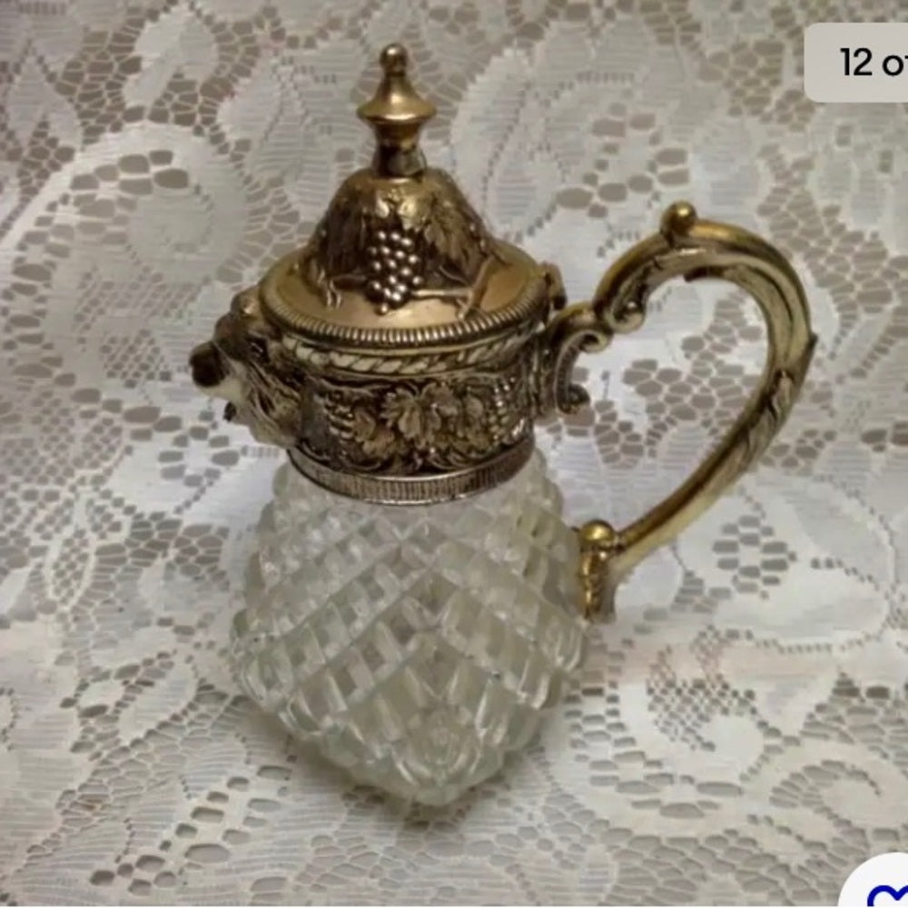 Vintage, A. Price Figural Lion's Head Silver Plated-Crystal Syrup Jug 6.5in x5in