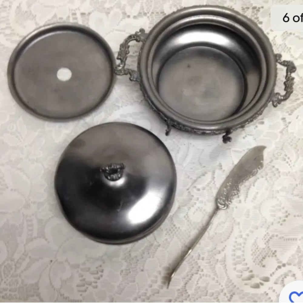 Antique, Colonial Silver Co., 4pc Quadruple Silver-plated Butter Bowl with Knif